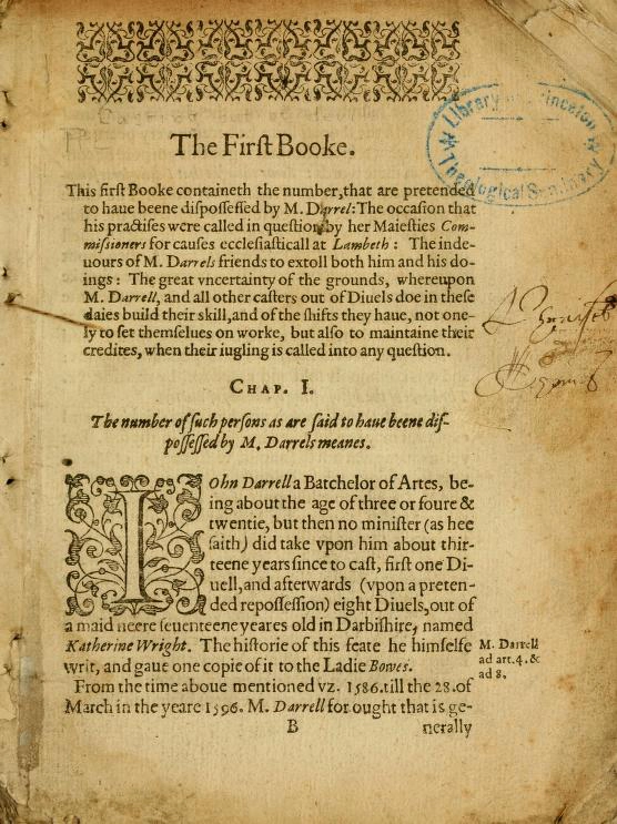 Inside page of 'A Discovery of the Fraudulent Practises of John Darrel' via Internet Archive