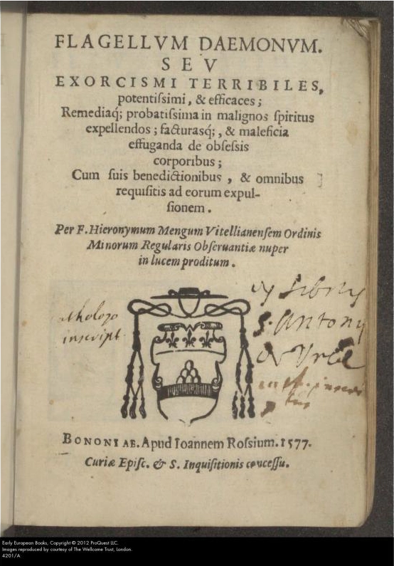 Title page of Girolamo Menghi’s 'Flagellum Daemonum' via Internet Archive