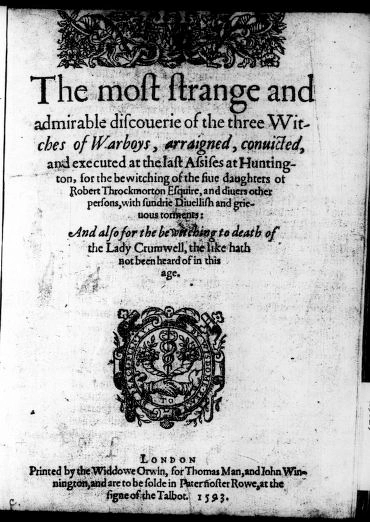 Title page of ‘The Most Strange and Admirable Discoverie of the Three Witches of Warboys’ via Internet Archive