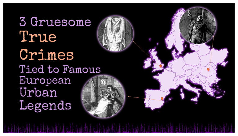 A historical map of Europe highlighting the dark tourism locations of the Cursed Voices podcast: the Demon Barber of Valencia, the real Dracula in Romania, and the Hammersmith Ghost in London.